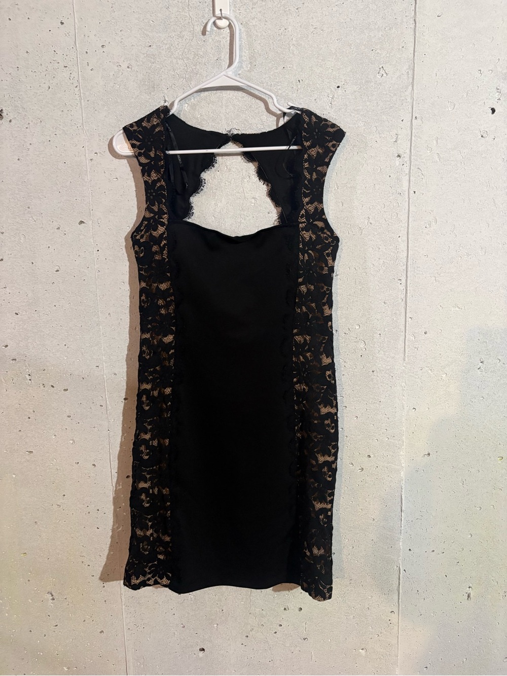Cachet Black Sheath Dress Nude Floral Lace Illusion Side Panels Size 10